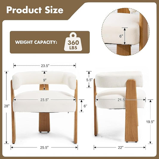 Upholstered White Velvet Dining Chairs Set of 2, Boho Modern Barrel Accent Armchairs, Thick Padded Seat & Natural Wooden Legs, Mid Century Inspired Kitchen/Dining Room Chairs, Creamy White