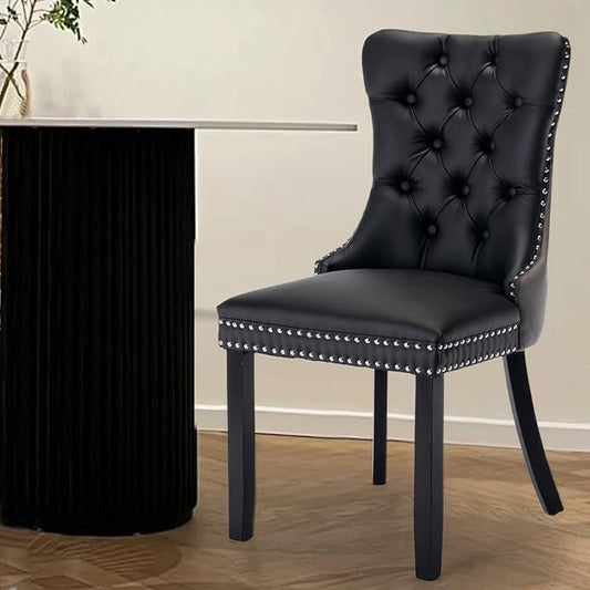 Leather Upholstered Dining Chairs Set of 6, Modern Style Kitchen Side Chairs with Nailhead Trim and Wood Leg, Metal Pulling Ring for Dining Room Living Room(Black&Grey,Set of 6)