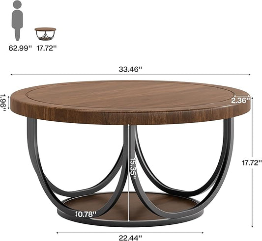 Tribesigns Round Coffee Table with 2 Tiers, 33.5" Wooden Circle Accent Cocktail Table with Storage Shelf and Metal Frame, Industrial Center Tables for Living Room, Brown & Black