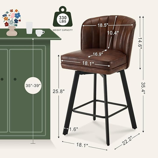 Swivel Counter Height Bar Stools Set of 2, 26'' Modern Barstools with Backs and Metal Legs, Upholstered Bar Chairs, Faux Leather Brown Stools for Kitchen Island Chairs