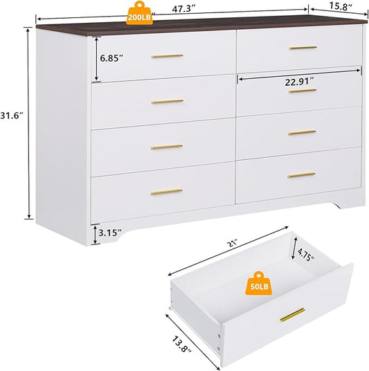 LIDYUK White Dresser for Bedroom, 8 Drawer Dressers & Chests of Drawers, Modern Wood Dresser, 48 Inches Wide Chest of Drawers for Bedroom, Hallway, Living Room