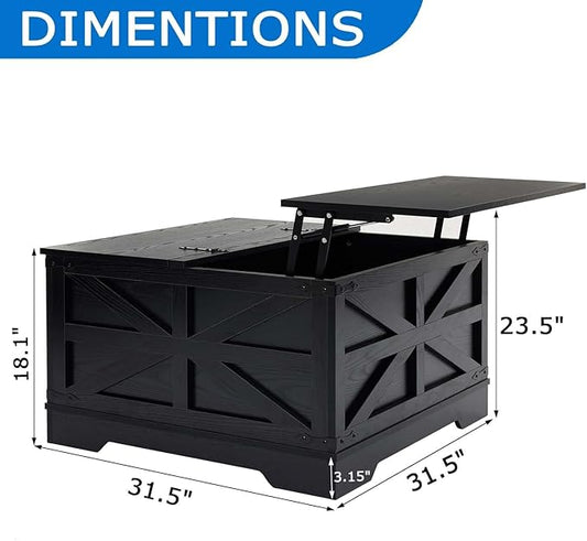 Lift Top Coffee Table, 31.5" Square Coffee Table with Storage, Farmhouse Coffee Tables for Living Room, Cocktail Tables with Large Hidden Compartment, Rustic Black