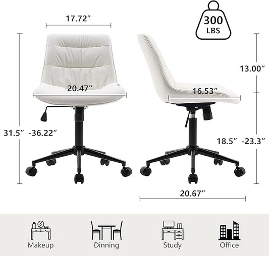 Kidol & Shellder Faux Leather Office Chair, Adjustable Swivel Height Task Chair, Rolling Wheels & Soft Backrest - Armless Ergonomic Desk Chair for Home, Office,Vanity,Gaming(White)