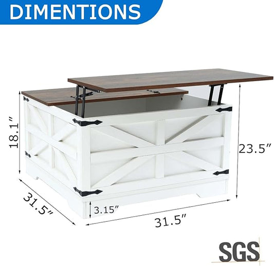 Lift Top Coffee Table, 31.5" Square Coffee Table with Storage, Farmhouse Coffee Tables for Living Room, Cocktail Tables with Large Hidden Compartment, Rustic White