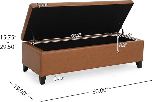 Christopher Knight Home York PU Storage Ottoman,Rectangular Ottoman Bench,Faux Leather Living Room Ottoman,Upholstered Storage Bench,Foot Rest Bench for Living Room,Entryway and Bedroom,Orange Brown