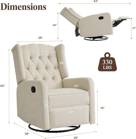 360 Swivel Rocker Recliner Chair for Adults, Nursery Chair for Small Spaces Living Room, Upholstered Fabric Glider Recliner, Lvory