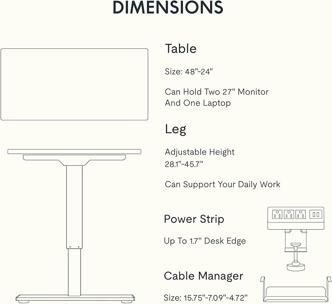 FLEXISPOT EN2 Whole-Piece Standing Desk with Clamp Power Strip, 48 x 24 Electric Stand Up Height Adjustable Desk with Cable Management (White Frame + 48" Maple Top)