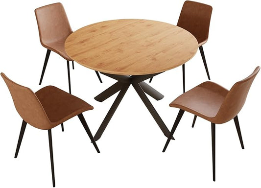 43.2"-59.1" Extendable Round Dining Table Set, Mid Century Modern Wooden Round Table, Leisure Oak Coffee Table,w/ 4 PU Leather Chairs