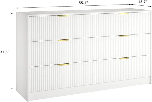 6 Drawers Fluted Dresser for Bedroom, 55" Wide Wooden Dresser with Deep Drawers, Large Floor Chest of Drawers, Modern Long TV Stand, Storage Cabinet Side Table, White