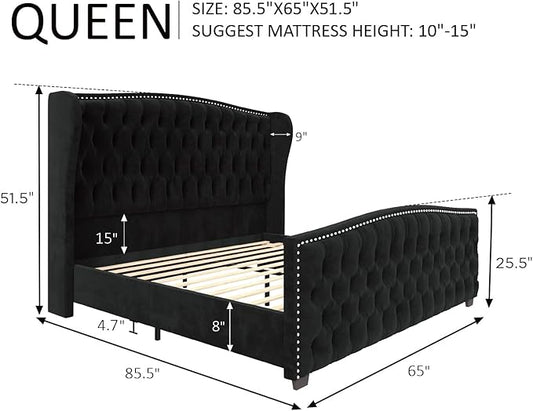 AMERLIFE Queen Size Platform Bed Frame, Velvet Upholstered Bed with Deep Button Tufted & Nailhead Trim Wingback Headboard/No Box Spring Needed/Black