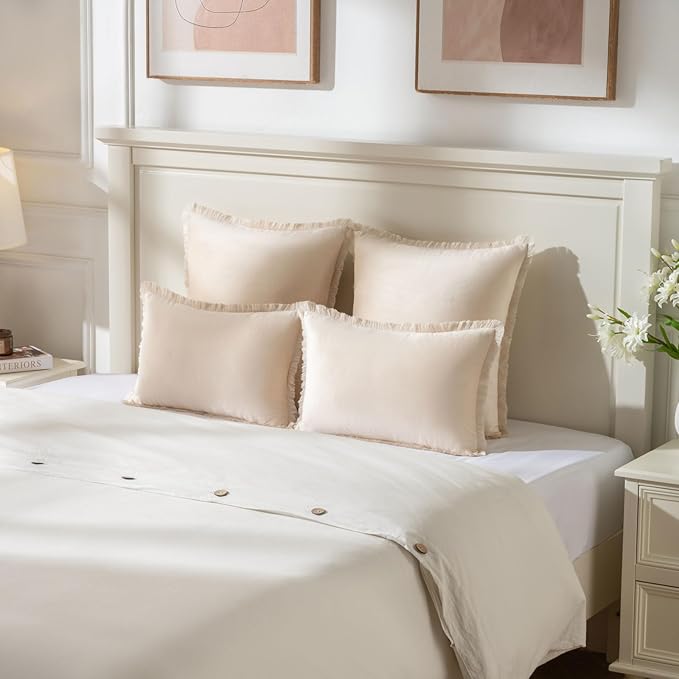 FUTEI Beige Velvet Decorative Throw Pillow Covers 20x20 Set of 2,Soft Cozy Edge with Tassels Cushion Case,Boho Modern Home Decor for Couch Bed Living Room