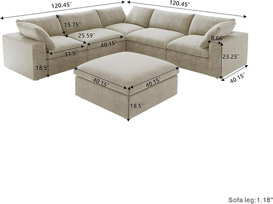 Cloud Couch Modular Sectional Sofa with Storage Ottomans,160.6" Down Filled 6 Seater Convertible Sectional Sofas,V Shaped Khaki Couch for Living Room,Covers Washable&Replaceable