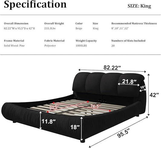 King Size Upholstered Platform Bed with Oversized Padded Backrest and Solid Wood Frame for Bedroom, Apartment Room, Black