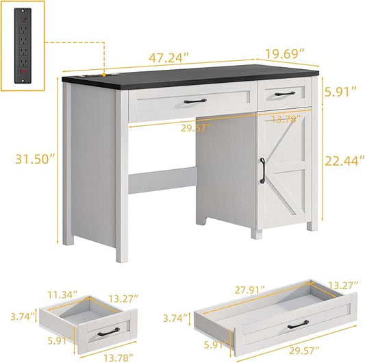 Farmhouse 47" Executive Desk, Computer Desk with Drawers and Storage Cabinet, Workstation Computer Desk for Home Office and Study(Black