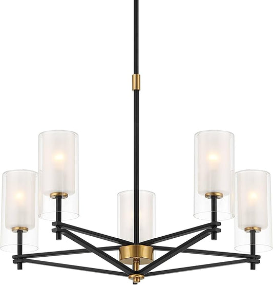 Possini Euro Design Nyack 25" Modern Pendant Chandelier Ceiling Light Fixture Dining Room Over Table Kitchen Island Foyer Open Frame Hanging 5-Light Black Gold Finish White Glass Hallway Entryway