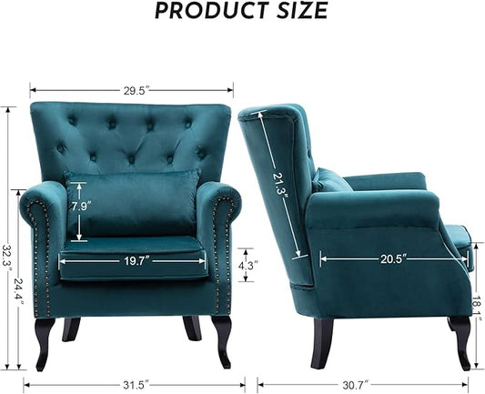 Accent Reading Arm Chairs for Living Room Bedroom, Midcentury Modern Comfy Corner Sofa Chair, Wingback Waiting Room Club Chair with Button Tufted Back &Lumbar Pillow, Velvet Teal
