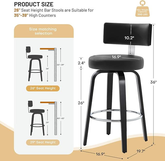 Swivel Counter Height Bar Stools Set of 2, 26" Upholstered Faux Leather Barstools with Back, Mid Century Modern Counter Stools with Black Walnut Wood Legs for Kitchen Island, Black