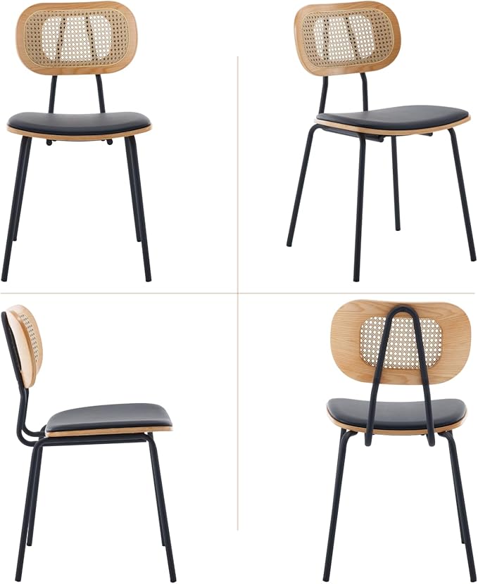 Mid-Century Modern Rattan Cane Back Dining Chairs Set of 2 ā PU Leather Upholstered Seat, Black Metal Legs, Kitchen Side Chairs for Kitchen & Dining Room, Black