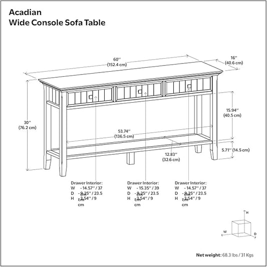 SIMPLIHOME Acadian Console Table - 60 Inch Wide Solid Wood Sofa Table in Brunette Brown, Transitional Storage Table for Entryway or Living Room with 3 Drawers and Open Bottom Shelf
