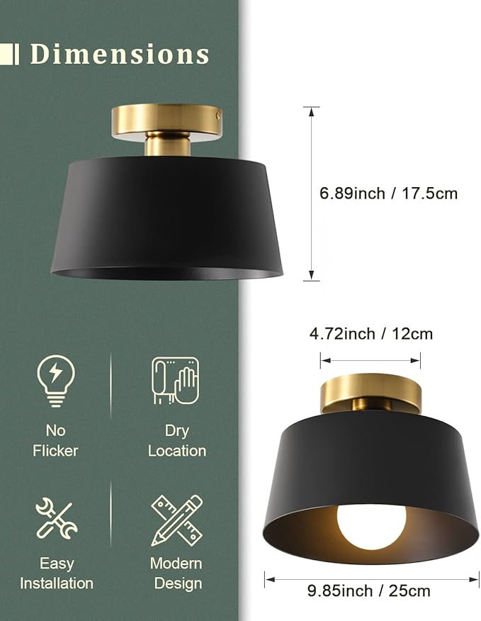 Ceiling Light Fixture, Hallway Ceiling Light with Gold Plate and Matte Black Shade, Modern Simple Style Porch Light Fixtures Semi Flush Mount (3 Pack Black)