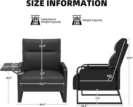 Upholstered Accent Chairs Set of 2, Modern Faux Leather Sofa Chairs with Foldable Side Tray Table & Storage Pocket, Small Accent Sofas for Living Room, Bedroom, Black