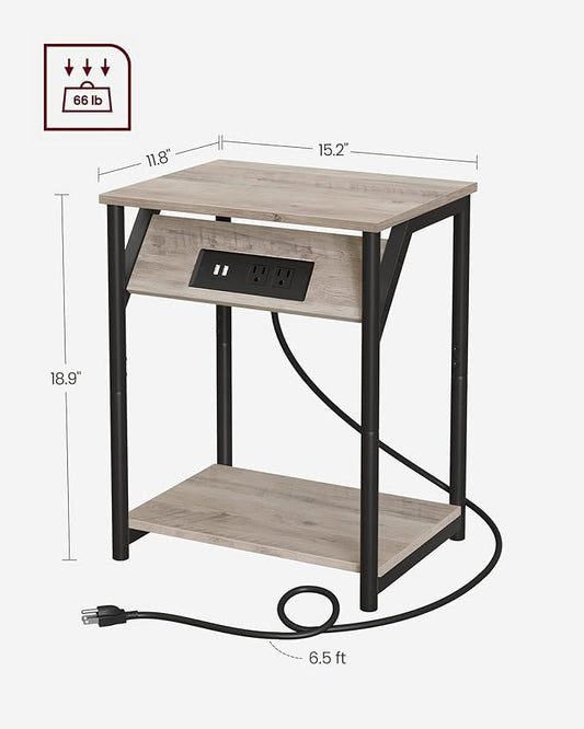 VASAGLE End Table with Charging Station, Set of 2, Small Side Tables for Living Room, Bedroom, Nightstand with Outlets and USB Ports, Bedside Table with Storage Shelf, Heather Greige and Black