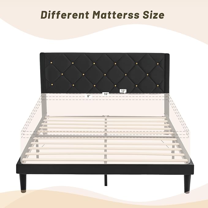 Queen Size Platform Bed Frame with Velvet Upholstered Headboard and Sturdy Wooden Slats Support,Mattress Foundation,Easy Assembly, No Box Spring Needed,Slip Resistant (Black, Queen)