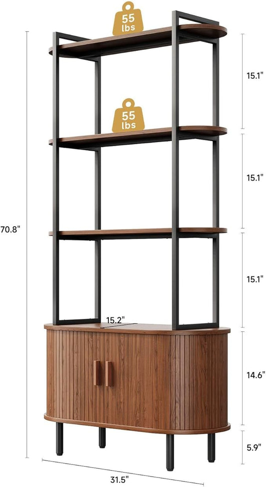 71" Tall Fluted Bookshelf with Sliding Tambour Doors, 4-Tier Mid Century Modern Metal Bookcase Cabinet w/Open Display Storage Shelf, Display Cabinet for Office, Living Room Walnut