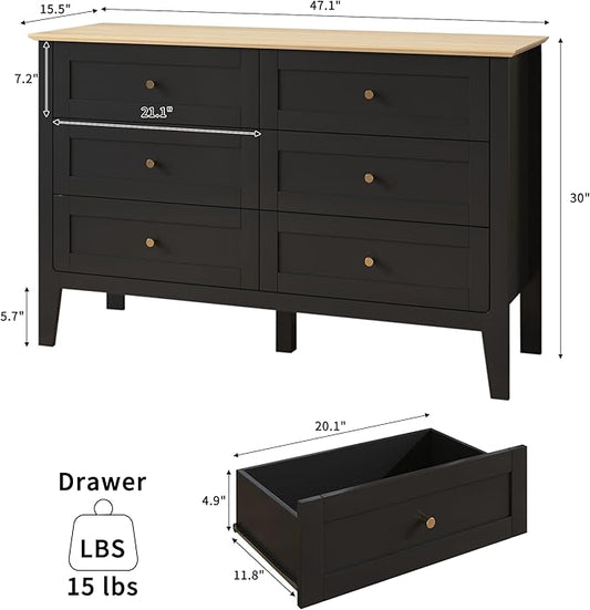 6 Drawers Black Dresser for Bedroom, 47" Wide Wood Modern Chest of Drawers, Shaker Style, Modular Dresser TV Stand for Bedroom, Living Room, Hallway (Black)