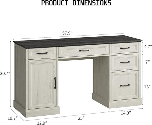 CARPETNAL 58'' Farmhouse Executive Desk with Drawers, Home Office Desk with File Drawer and Storage Cabinet, Rustic Computer Desk for Working, Studying, Writing, White