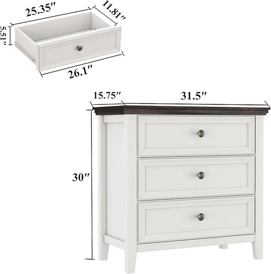 Farmhouse 3-Drawer Dresser for Bedroom - 31.5" Wide 3 Chest of Drawers Storage Cabinet as Nightstand or Bedside Dresser(Antique White & Brown)