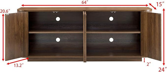LKTART 64" Sideboard Buffet Cabinet with Storage, Wooden Fluted Storage Cabinet Sideboard Credenza with Adjustable Shelves Pressed Spring for Kitchen Living Room (Walnut)