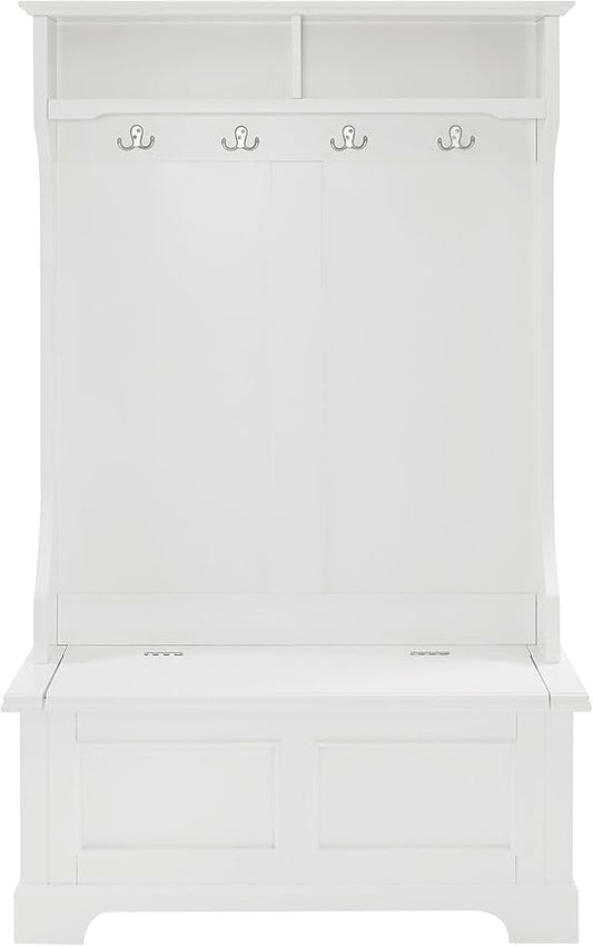 Crosley Furniture Campbell Hall Tree with Storage Bench and Coat Rack Hooks for Hanging, White