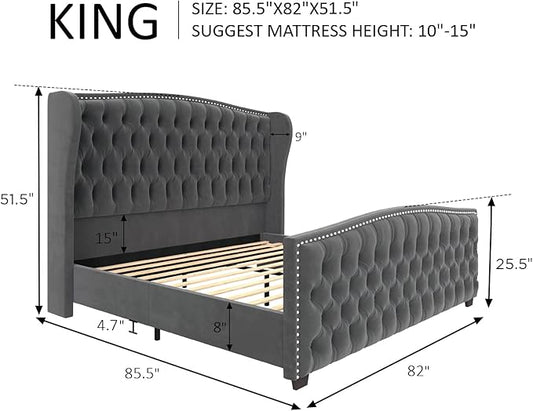 AMERLIFE King Size Platform Bed Frame, Velvet Upholstered Bed with Deep Button Tufted & Nailhead Trim Wingback Headboard/No Box Spring Needed/Grey