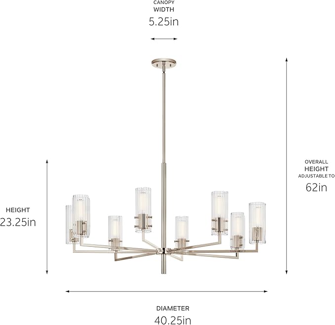 KICHLER Velestino 40.25" 8 Light Chandelier in Polished Nickel, for Foyer, Dining Room, Living Room, Bedroom, (23.25" x 40.25") 52680PN