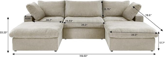 Cloud Couch 120" Sectional Couches for Living Room/Modular Convertible U Shaped Sofa Couch with 2 Storage Ottomans,5 Seater Minimalist Wide Deep Seat Sets (Khaki, 5 Seater)