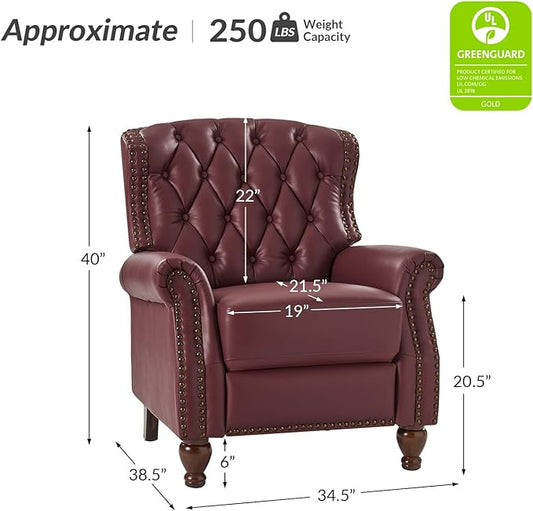 HULALA HOME Genuine Leather Recliner Chair with Solid Wood Feet, Modern Adjustable Tufted Push Back Arm Chair w/Rivet Decoration, Home Theater Seating Single Reclining Sofa for Living Room, Burgundy