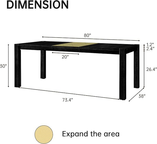 60"-80" Extendable Dining Table, Modern Rectangular Wood Kitchen Table, Farmhouse Expandable Dinner Table, Traditional Large Extension Meeting Desk for Dining Room, Living Room, Black