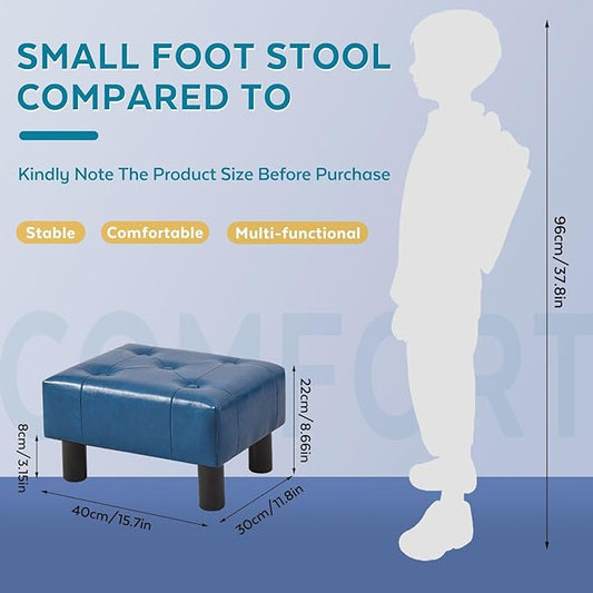 Small Foot Stool Ottoman, Faux Leather Footstool Ottoman Foot Rest for Couch, Rectangle Footstools and Ottomans Small for Living Room, Entryway and Bedroom (Blue)