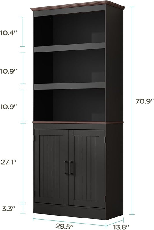 MHOM 71" Tall Bookshelf with Doors, 5 Tiers Farmhouse Bookcase with Adjustable Shelves, Wooden Rustic Display Cabinet for Home Office, Living Room, Black