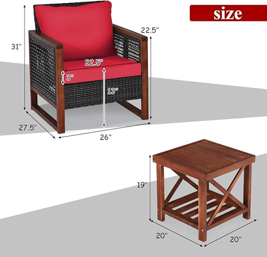 COSTWAY 3 Pieces Wicker Patio Furniture Set, Outdoor Wicker Sofa with Acacia Wood Frame, Coffee Table & Washable Cushions, Rattan Conversation Sets for Yard, Porch, Bistro, Balcony, Backyard, Red