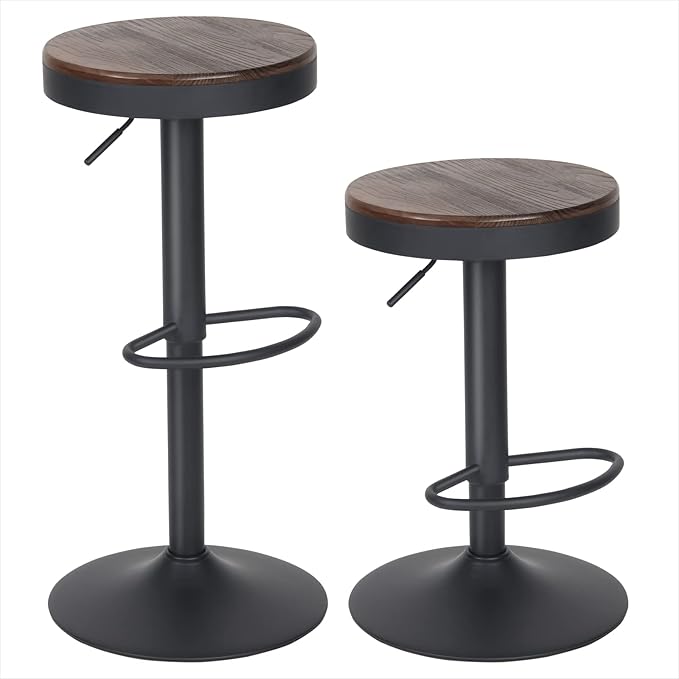 Kidol & Shellder Backless Counter Stools Set of 2 Swivel Adjustable Height BarStools Round Walnut Wooden Seat Modern Armless Bar Chairs for Kitchen Island Dining Room Cafe (Black)