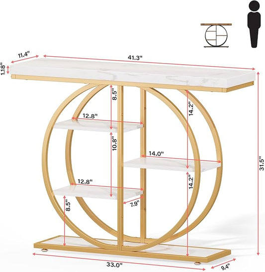 41.3" Console Table for Entryway, Industrial Hallway Sofa Table with Storage Shelves, Narrow Accent Decor Living Room Furniture with Circle Base for Foyer, Entrance, White Gold