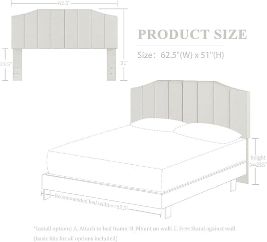 Velvet Queen Size Headboard, Upholstered Headboard Queen/Full Size Wall Mount and Bed Frame Mount, Featuring High-Density Sponge Padding Luxury Texture Easy Assembly Comfort Style-Cream
