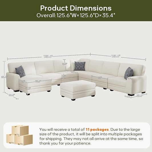 Wanderwell Oversized Modular Sectional Sofa, 9-Seater U Shaped Couches with Movable Ottoman,Corduroy Sectional Couch with Wide and Deep Seats Suitable for Living Room,Bedroom,Apartment (Cream, U-9)