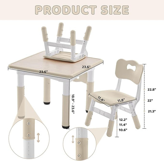 Kids Table and 2 Chairs Set, Height-Adjustable Toddler Table and Chairs Set with Graffiti Desktop, 23.6''L x 23.6''W Children Activity Table for Daycare, Classroom, Home, Burlywood-w