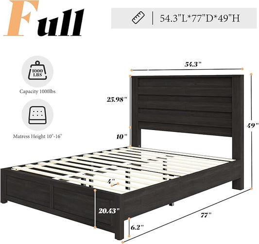 AMERLIFE Farmhouse Full Size Bed Frame with 49" Fluted Headboard, Wood Platform Bed with Natural Grain, No Box Spring Needed/Noise Free, Black