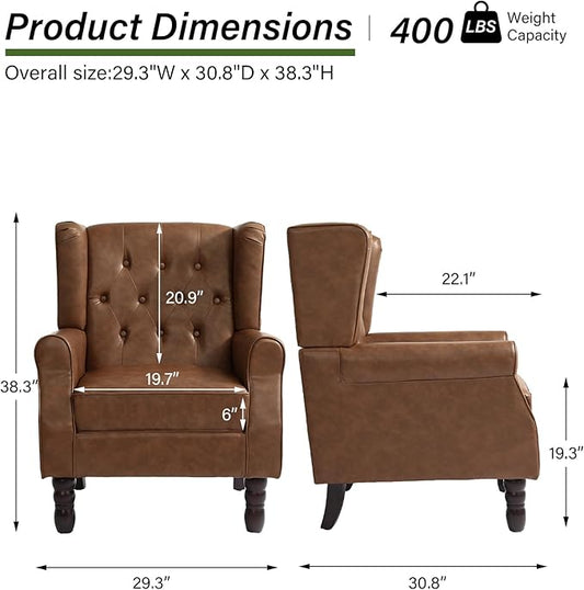 Accent Chair, Upholstered Armchair with Button Tufted High Back & Solid Wood Legs, Comfy Wingback Reading Single Sofa Chair for Small Spaces, Living Room, Bedroom-Leather Brown, Set of 1
