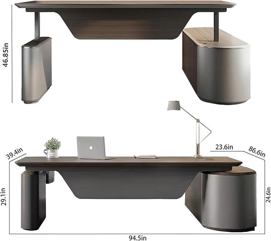 94.5" Reversible L-Shaped Adjustable Height Executive Desk with Oval Storage Cabinet - Black/Brown Standing Desk, Rounded Corners, 3 Drawers & 2 Door Compartments, Flexible Home & Office Workstation