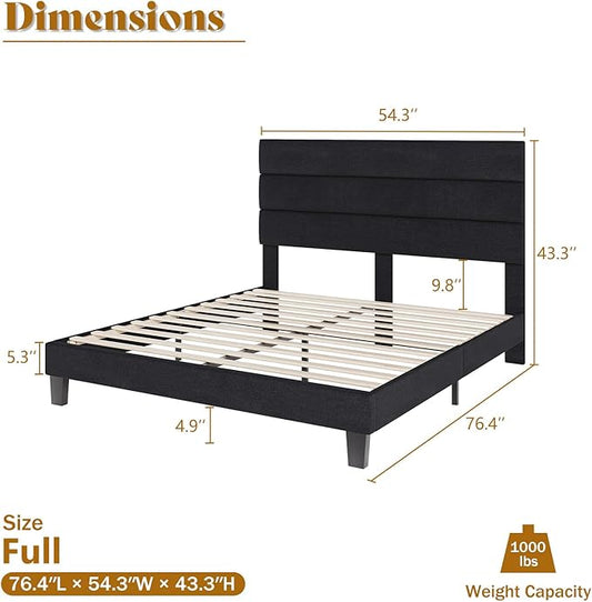 AMERLIFE Full Size Bed Frame with Linen Upholstered Headboard, Modern Platform Bed with Wooden Slats Support, Noise-Free, No Box Spring Needed, Easy Assembly, Black